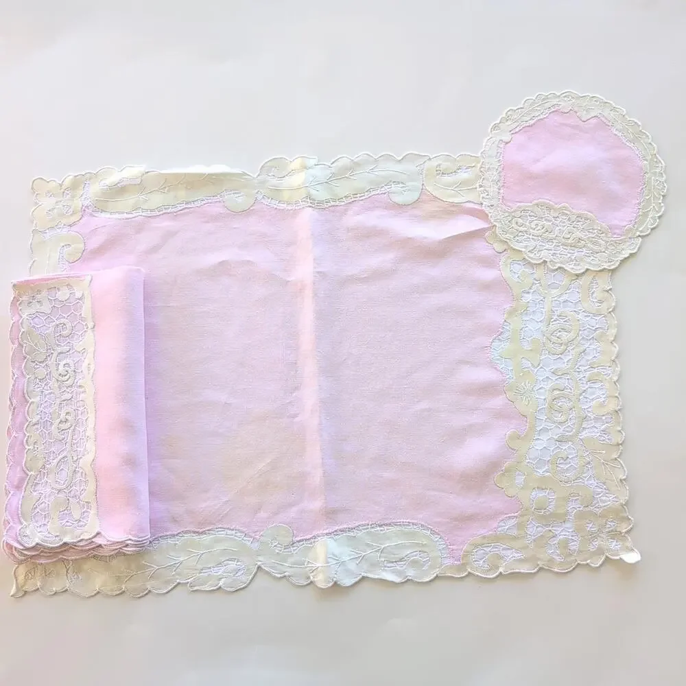 Vintage Pink & Ecru Hostess Set: Placemats, Napkins, Coasters, 6 sets, 18 pieces